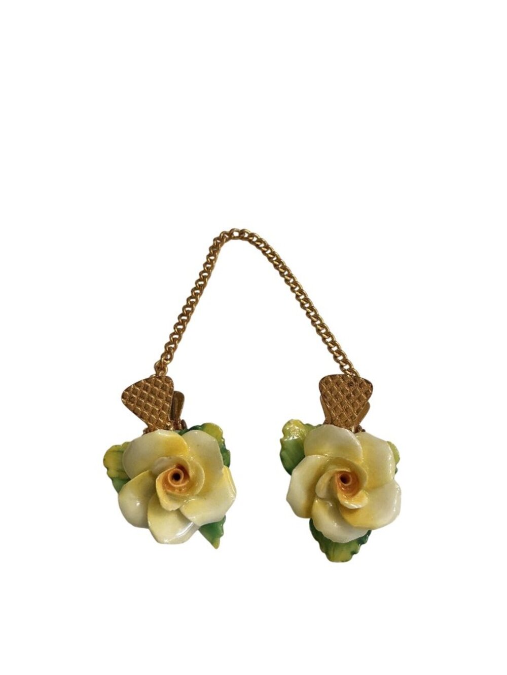 Vintage Porcelain Yellow Rose Sweater Clip With Gold-Tone Chain And Textured Cli - Picture 2 of 10